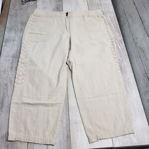 Womens Linen Blend Cropped Pants Crochet Lace Detail Side Panels Size 12 Casual